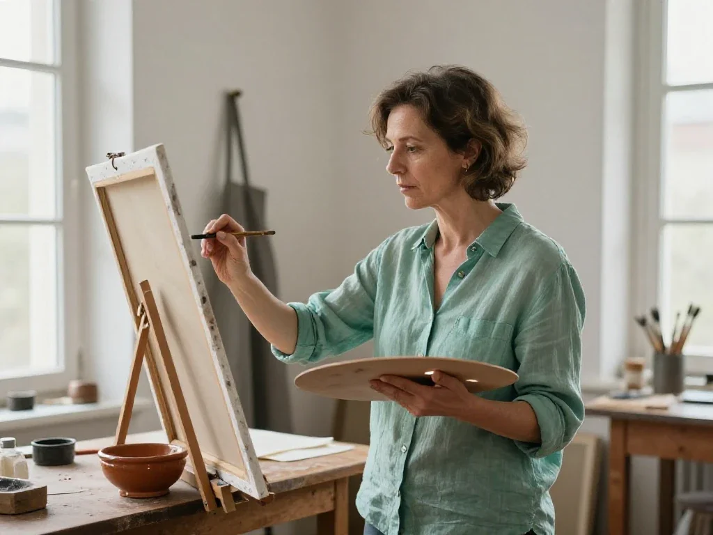 Artiste peintre française travaillant dans son atelier lumineux, illustrant la création et l'expression artistique.