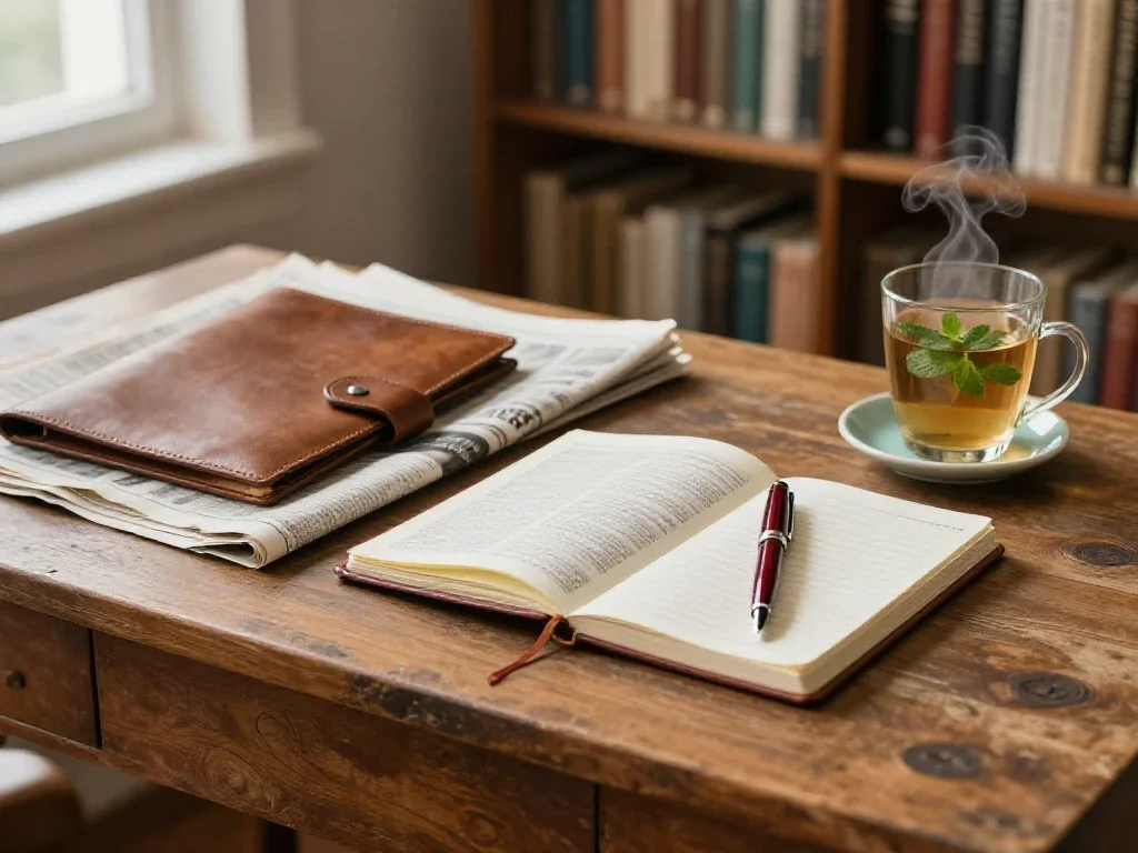 Table de rédaction matinale avec journaux, carnet et thé à la menthe pour la concentration.
