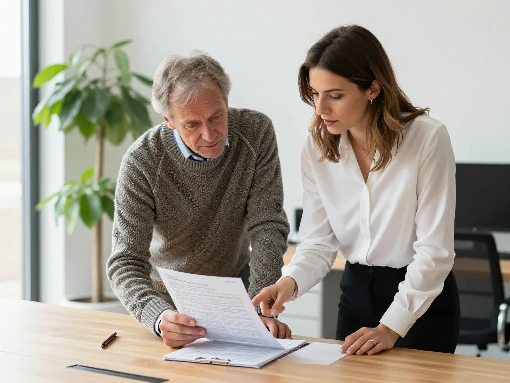Collaborateurs français échangeant autour d'un dossier papier dans un bureau moderne et lumineux.