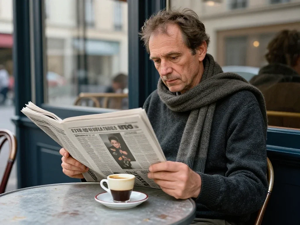 Un homme d'âge mûr lit les actualités dans un café, illustrant l'information quotidienne.